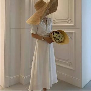 Women Satin Silk Dress Elegant Solid Color Pullover Short Sleeve - Size XL